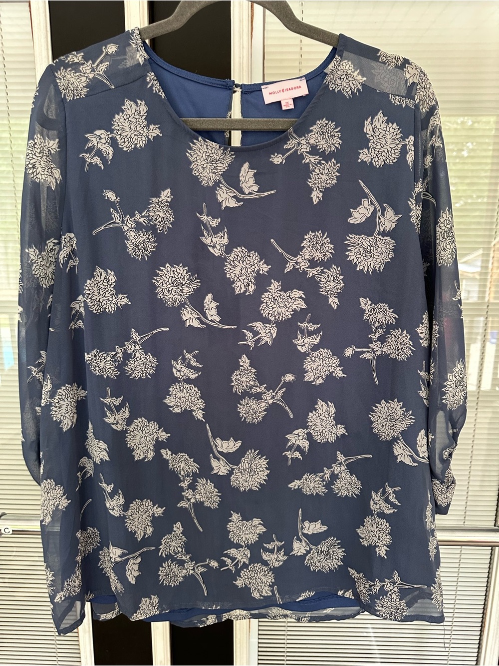 Size 2X Molly & Isadora Navy Floral Long-Sleeve Blouse. Sheer sleeves.